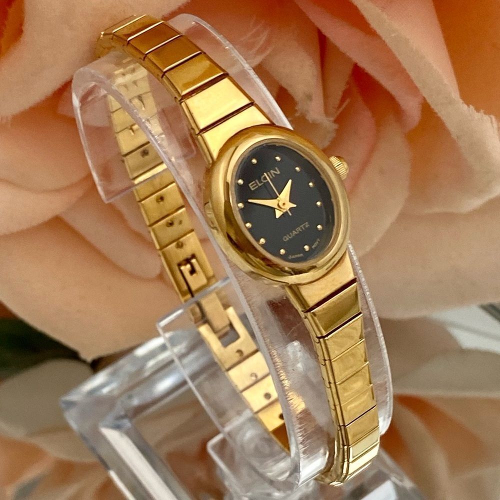 Vintage Elgin Gold-Tone Black Dial Dainty Dress Watch